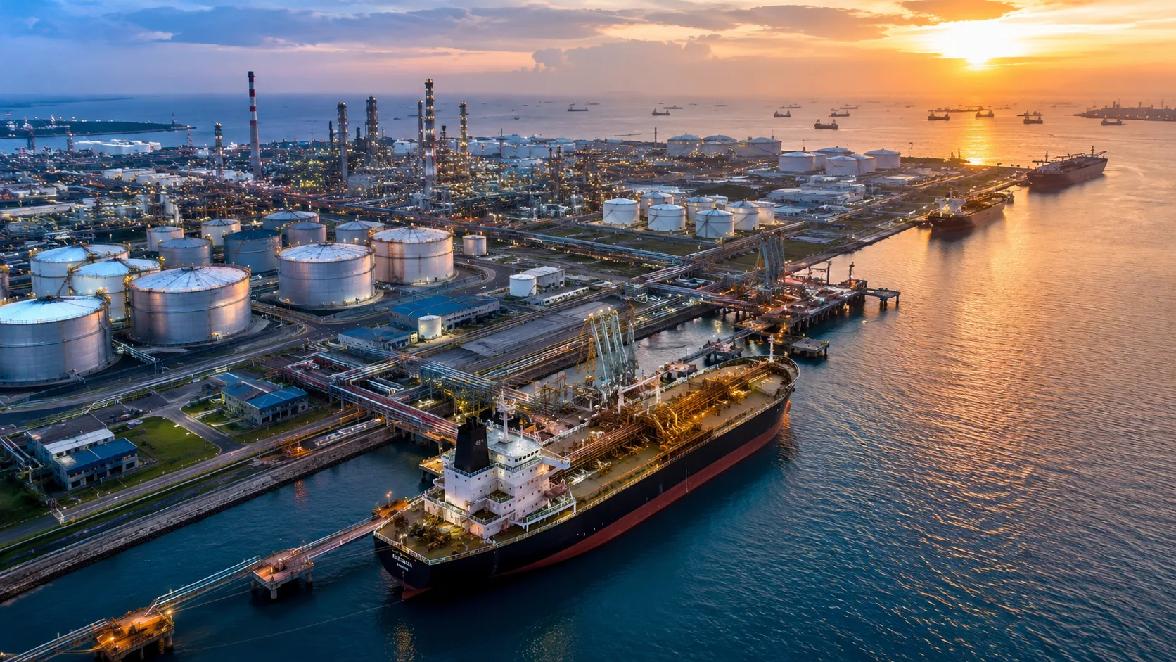 Mercado mundial del diésel con una terminal de combustibles, refinería y buque cisterna durante operaciones de exportación que reflejan la redistribución del comercio energético global.