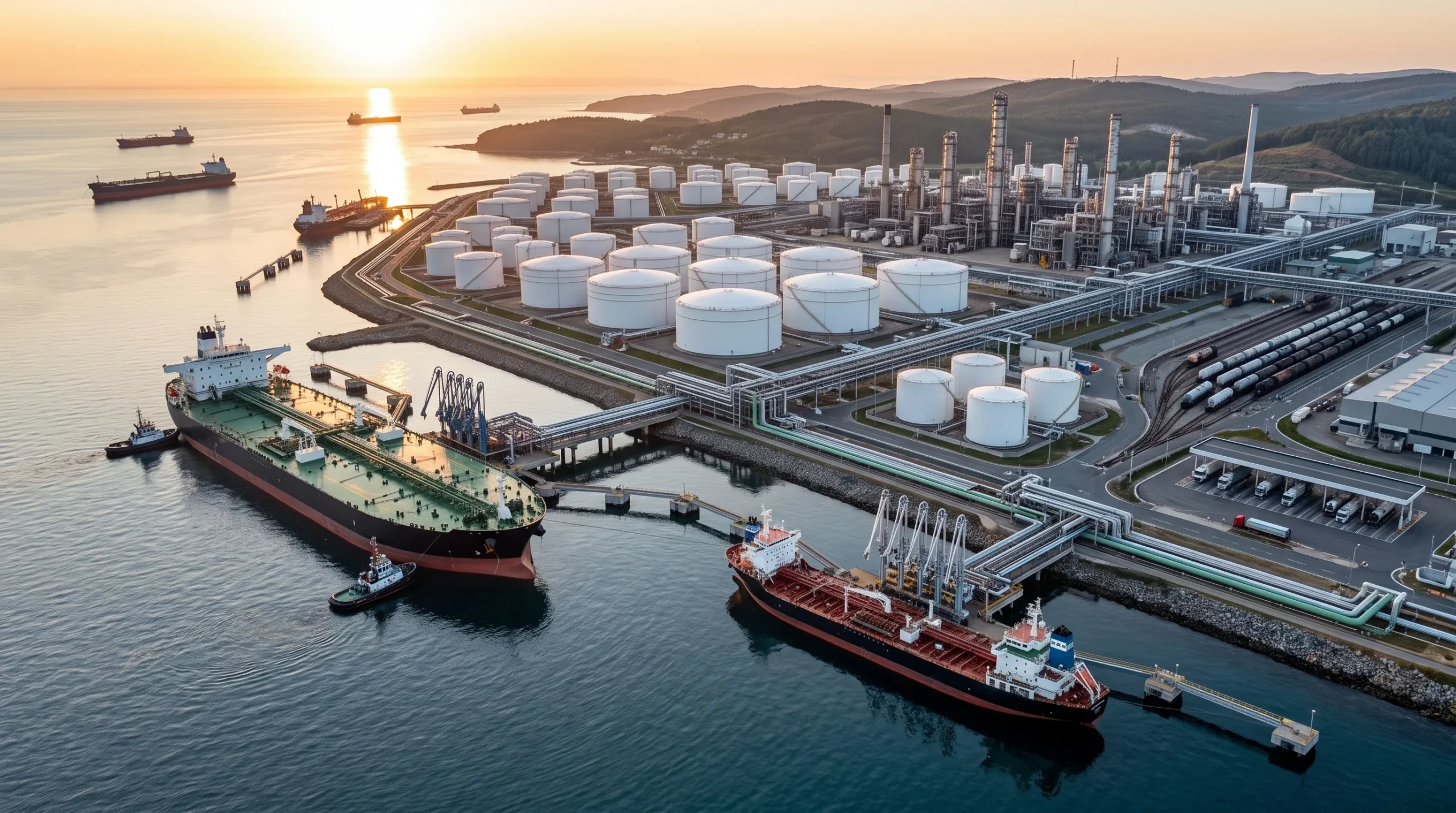 Mercado petrolero europeo con terminal de importación de crudo y buques petroleros que reflejan el reequilibrio del suministro energético