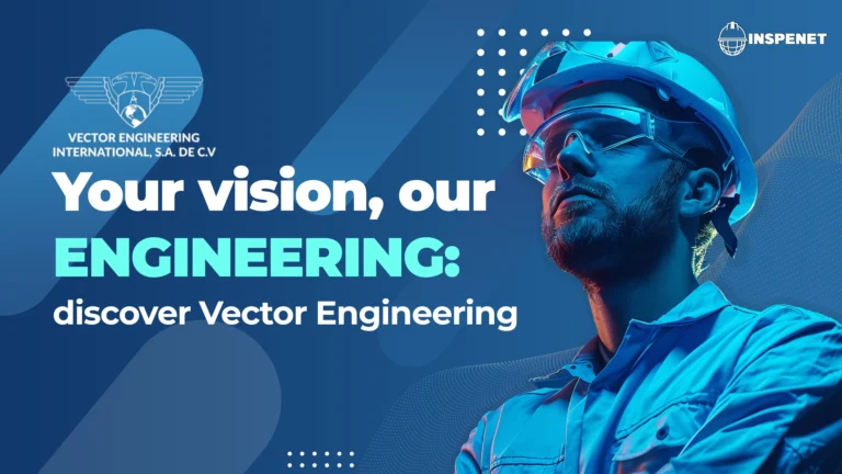 Vector Engineering International promotional banner featuring an engineer wearing a hard hat and safety glasses, accompanied by the text "Your vision, our engineering".