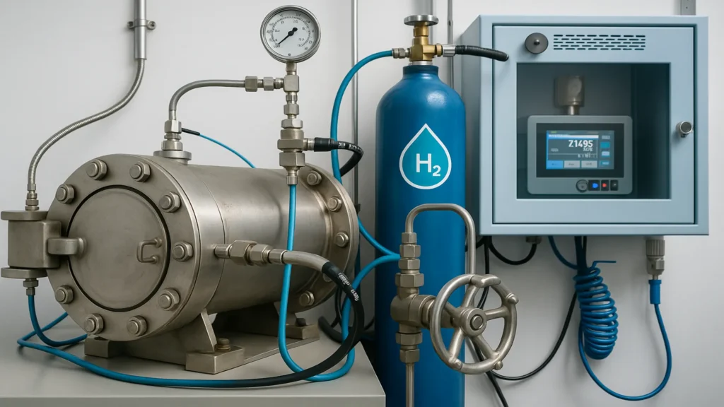 Sistema de prueba con hidrógeno a alta presión, con cilindro de H₂, autoclave y panel de control automatizado.