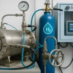 Sistema de prueba con hidrógeno a alta presión, con cilindro de H₂, autoclave y panel de control automatizado.