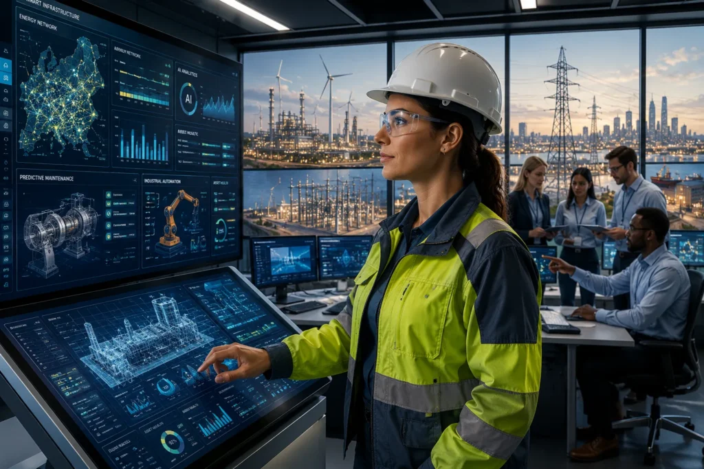 Mujeres en ingeniería liderando operaciones digitales avanzadas en un centro de control industrial con sistemas energéticos, automatización e infraestructura inteligente.