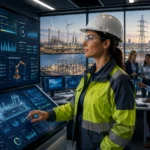 Mujeres en ingeniería liderando operaciones digitales avanzadas en un centro de control industrial con sistemas energéticos, automatización e infraestructura inteligente.