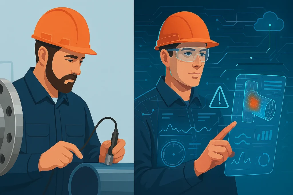 Comparación entre un técnico de END realizando una inspección manual tradicional y otro técnico operando con interfaces digitales y tecnologías avanzadas como IoT e inteligencia artificial.