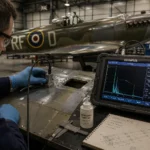 NDT moderno aplicado a la inspección estructural de un Spitfire histórico para detectar discontinuidades, fatiga y corrosión.