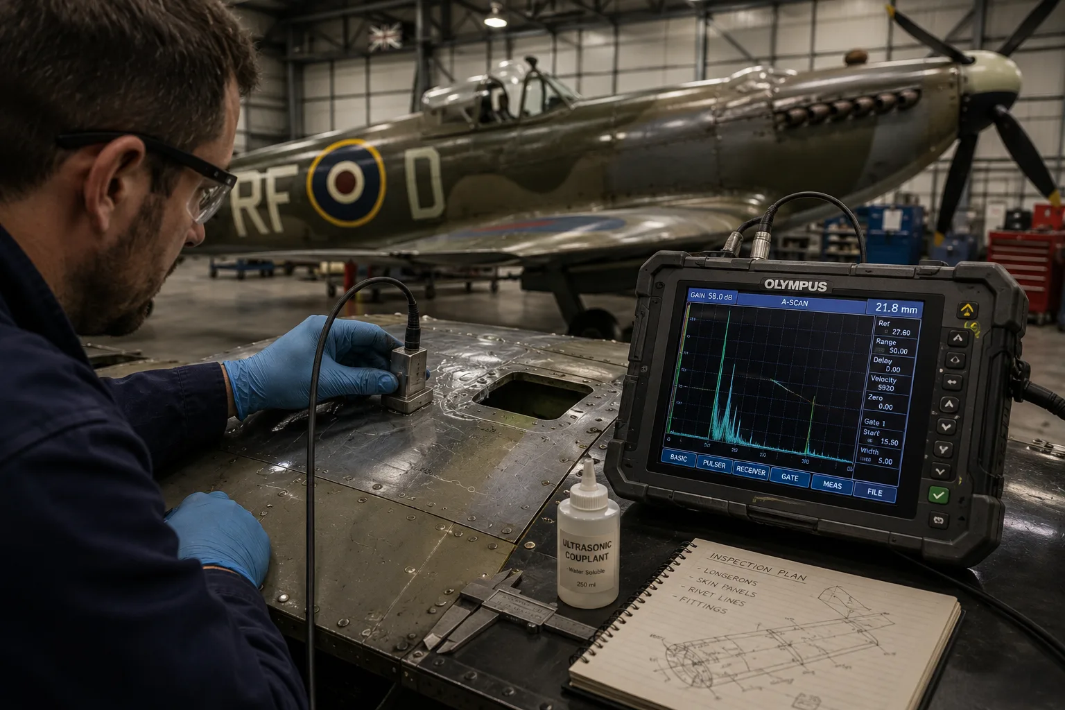 NDT moderno aplicado a la inspección estructural de un Spitfire histórico para detectar discontinuidades, fatiga y corrosión.