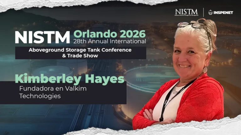 Banner del evento NISTM Orlando 2026 con fotografía de Kimberley Hayes, fundadora de Valkim Technologies, sobre fondo industrial de tanques de almacenamiento.