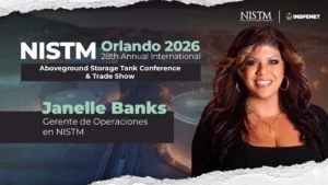 Banner promocional de NISTM Orlando 2026 con Janelle Banks, Gerente de Operaciones en NISTM, sobre un fondo de tanques de almacenamiento industrial.