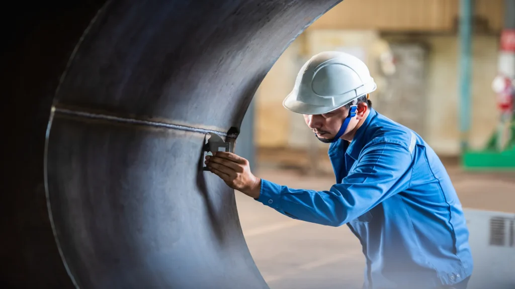 Technician inspecting a pipe weld as part of a nondestructive testing procedure in an industrial environment