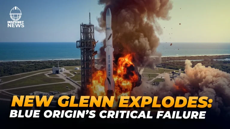 Explosion of New Glenn on the Blue Origin launchpad during a test at Cape Canaveral, with a large plume of smoke and fire surrounding the rocket.