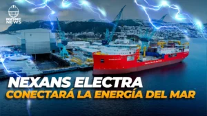 Buque Nexans Electra atracado en un astillero noruego durante su fase de construcción, con efectos visuales de electricidad representando su función en la conexión de energía marina.