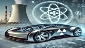 Concept art of a futuristic nuclear-powered car with a nuclear power plant in the background. Nuclear powered cars