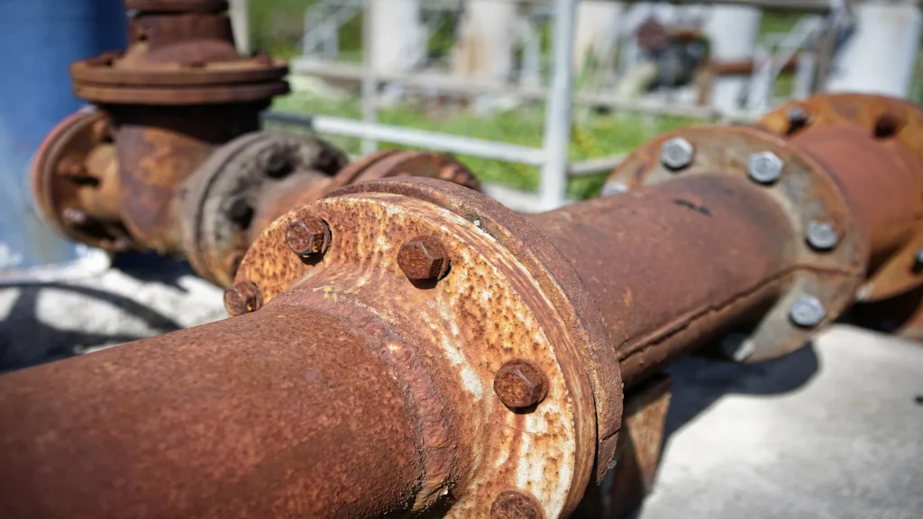 Tubería industrial con corrosión severa en la zona de apoyo, evidencia de degradación estructural.