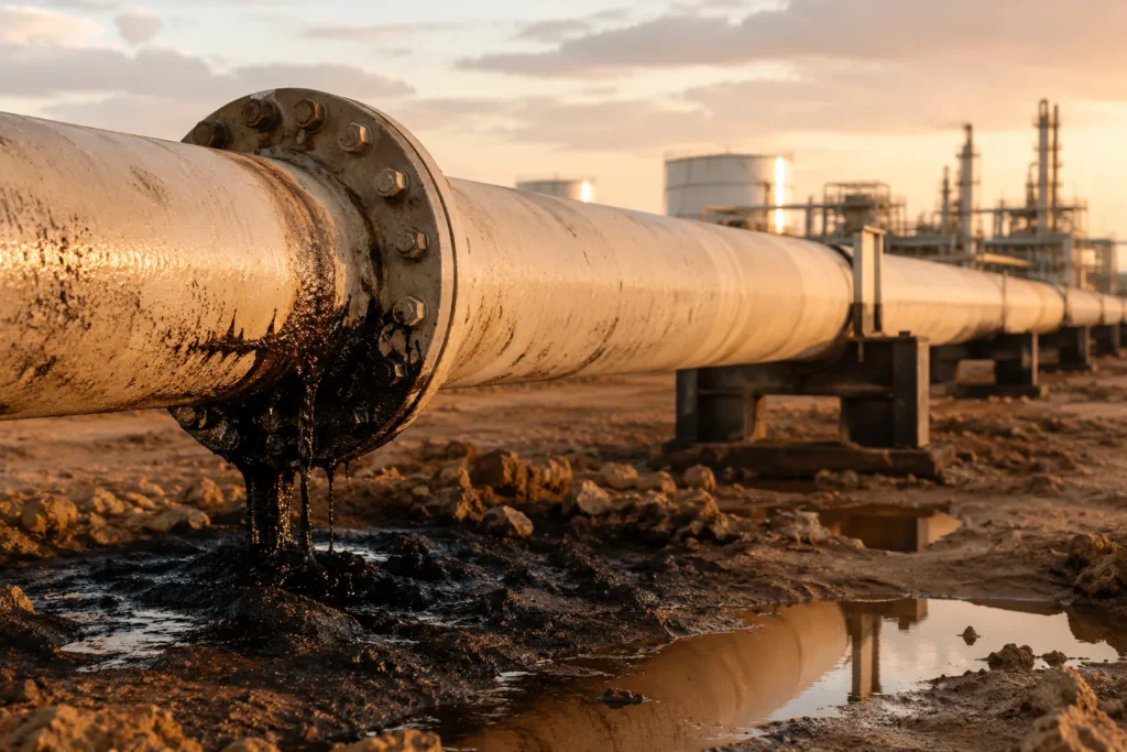 Onshore oil pipeline inspection after a leak on Waha Oil’s Zaqout-Sidra line in Libya