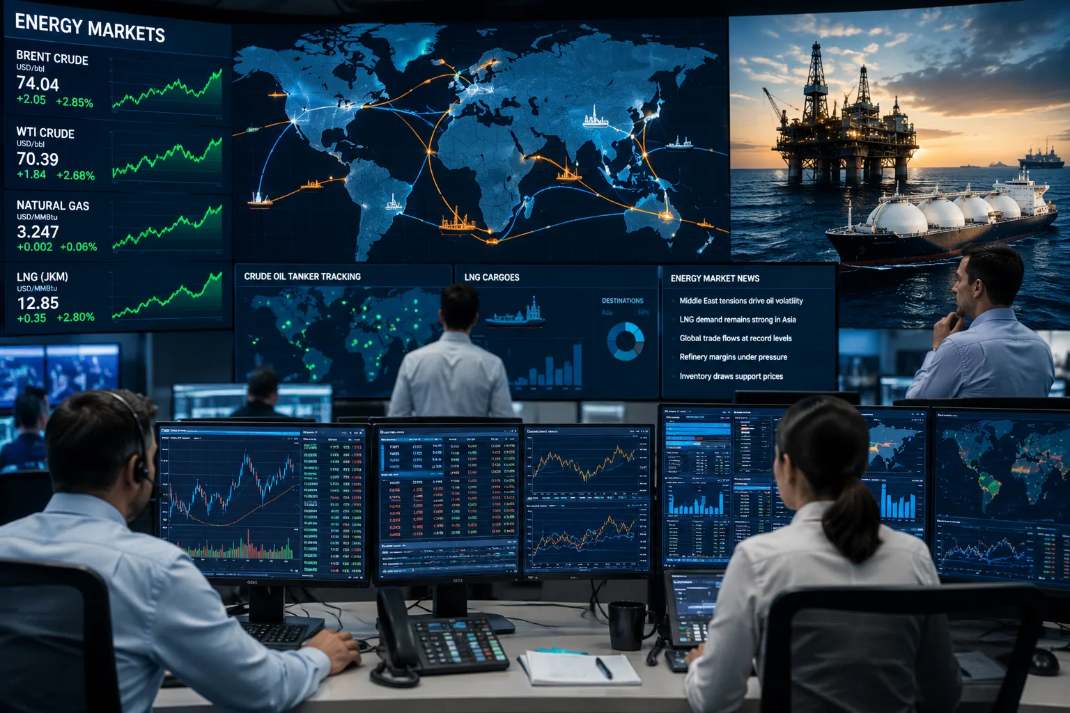 Operadores monitorean pantallas con datos de mercados energéticos mientras supervisan operaciones de comercialización de petróleo y gas en un centro global de trading.