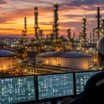 Operadores supervisan una moderna refinería mientras paneles digitales muestran indicadores del mercado de combustibles durante un escenario de alta volatilidad energética.