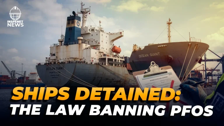 Merchant vessels docked in port under new regulations restricting the use of PFOS-containing firefighting foams in the maritime sector.