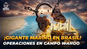 Ilustración del campo petrolero Wahoo operado por PRIO en Brasil con plataformas offshore y una cadena rompiéndose sobre un mapa marítimo.
