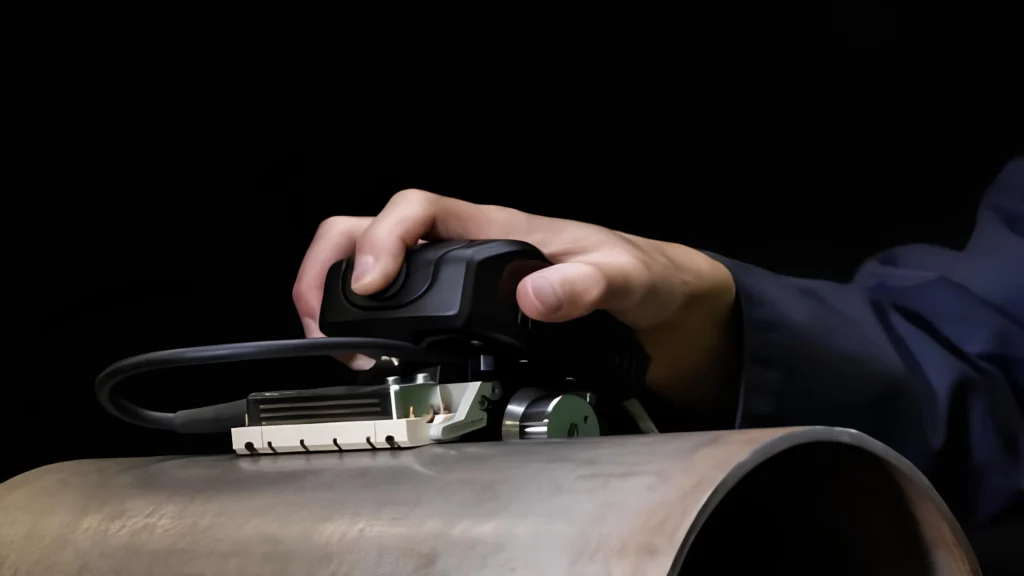 Inspector performing advanced eddy current array inspection on an oil and gas pipeline using a handheld NDT scanner.