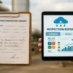 Paper-based industrial inspection report compared with a digital inspection report on a tablet, showing the transition from manual NDT workflows to modern digital infrastructure for industrial inspection.