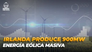 Aerogeneradores en un campo eólico con gráficos digitales sobre producción energética y la leyenda "Irlanda produce 900MW - Energía eólica masiva".