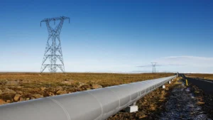 Pipeline near overhead powerlines, showing an AC Mitigation scenario to reduce induced voltage risks.