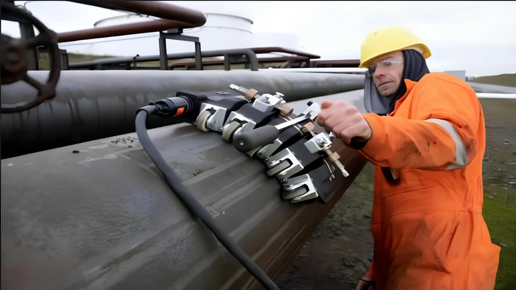 Technician performing advanced eddy current array pipeline inspection using a PipescanHD scanner on an aboveground oil and gas pipeline.