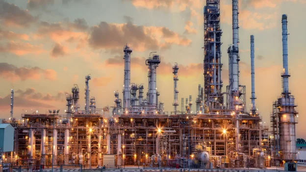 Petrochemical plant illuminated at dusk. Complex of pipes and industrial equipment that applies Risk-Based Inspection (RBI).