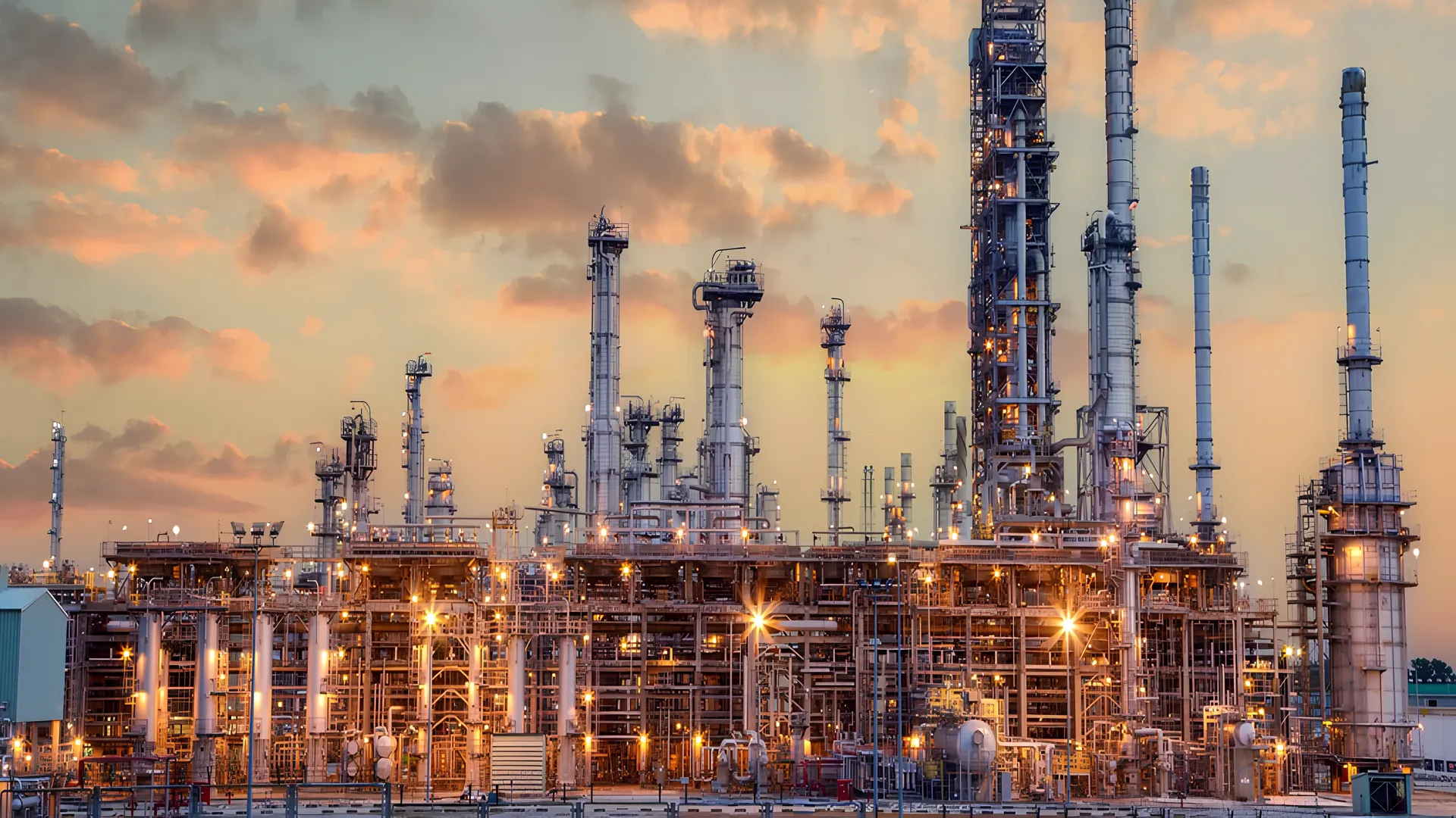 Petrochemical plant illuminated at dusk. Complex of pipes and industrial equipment that applies Risk-Based Inspection (RBI).