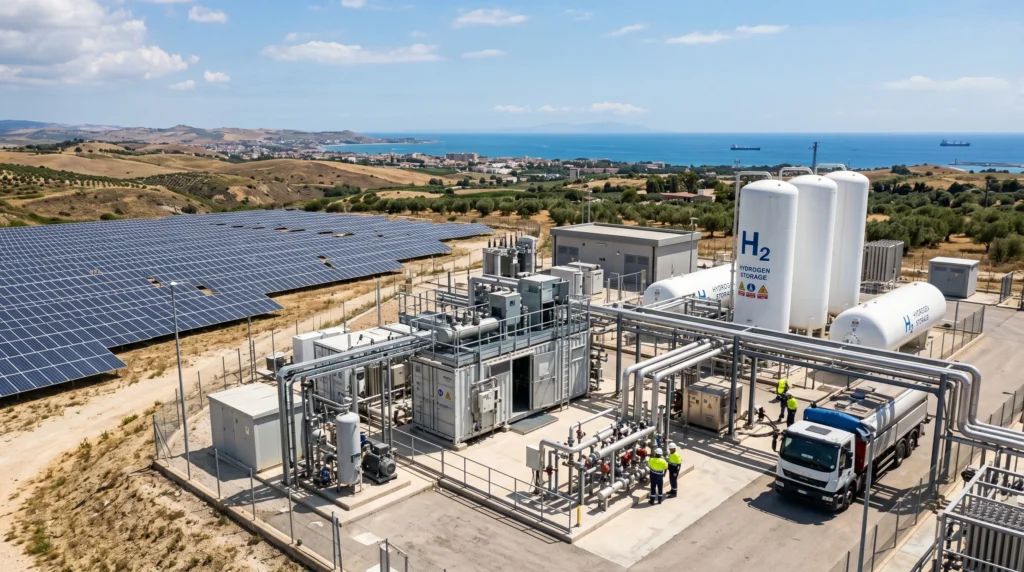 Planta de hidrógeno verde de Sicilia con electrolizador y energía solar para la producción de hidrógeno renovable.