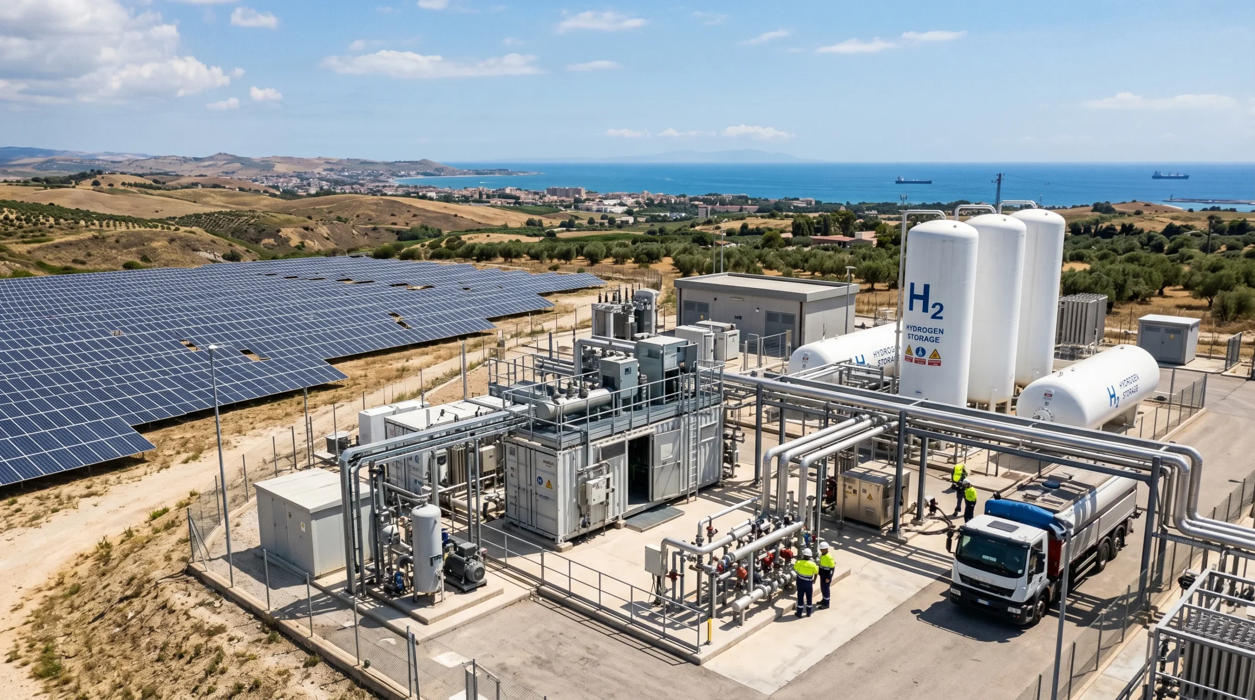 Planta de hidrógeno verde de Sicilia con electrolizador y energía solar para la producción de hidrógeno renovable.