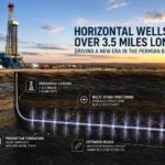 Pozos horizontales de gran longitud en la Cuenca Pérmica con plataforma de perforación terrestre y representación del lateral extendido dentro del reservorio.