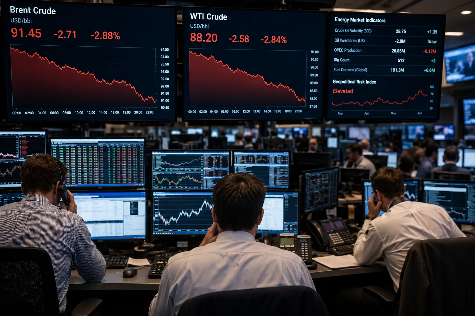 Precio del petróleo cae tras reducción de tensiones geopolíticas mientras operadores monitorean los mercados energéticos globales y las cotizaciones del Brent y WTI.
