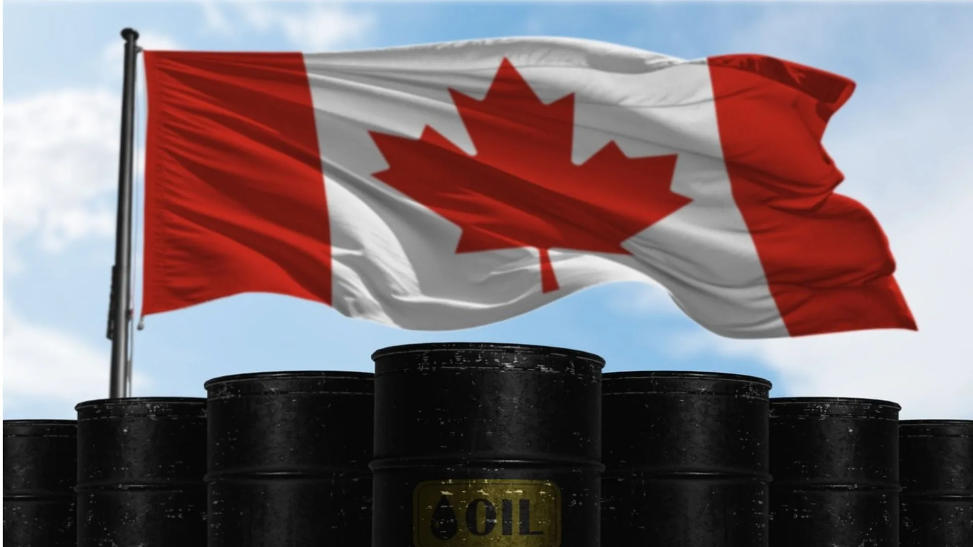 Barriles de petróleo frente a la bandera de Canadá representan la producción de oil sands y el sector petrolero canadiense.
