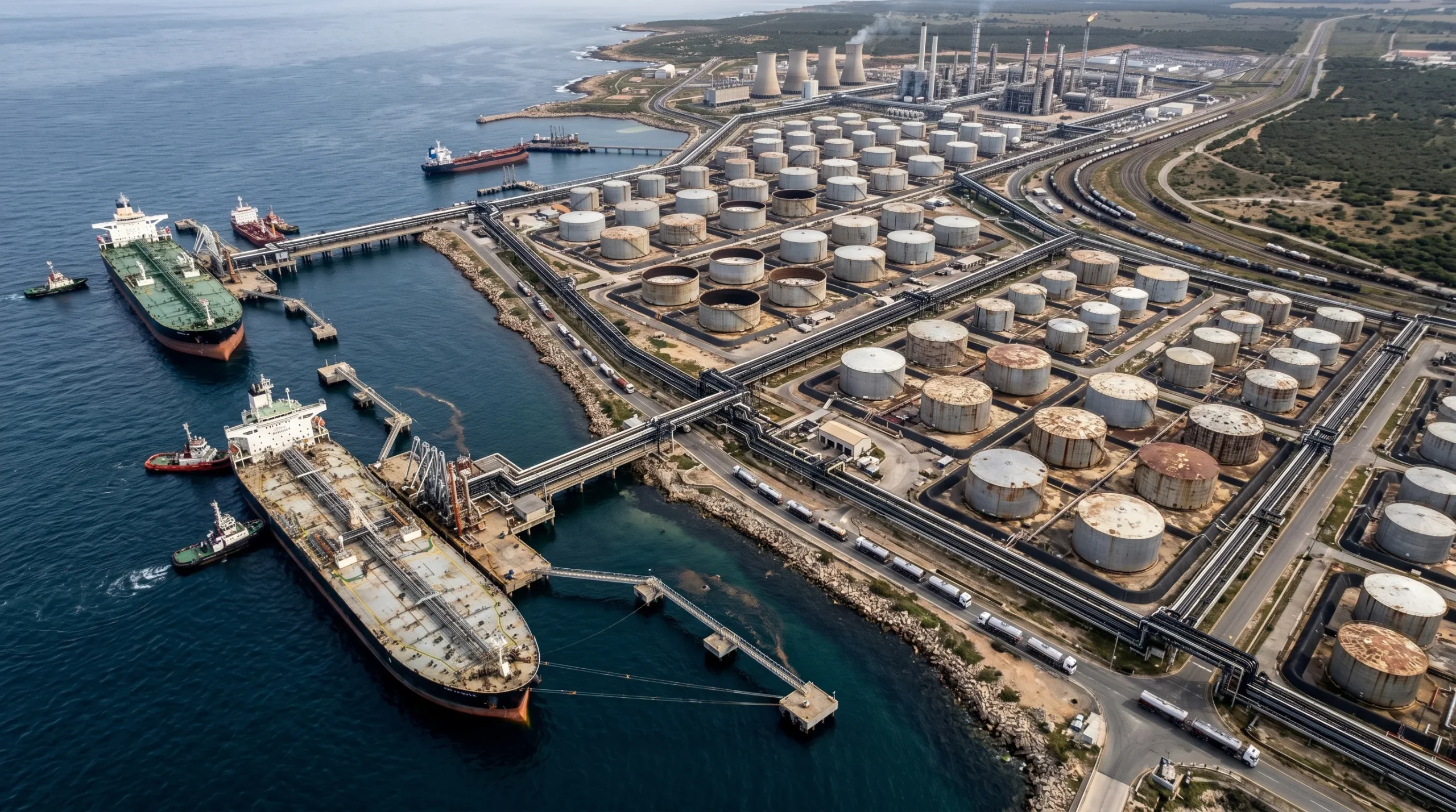 Producción petrolera OPEP en terminal marítima con tanques de almacenamiento y buques de exportación de crudo.