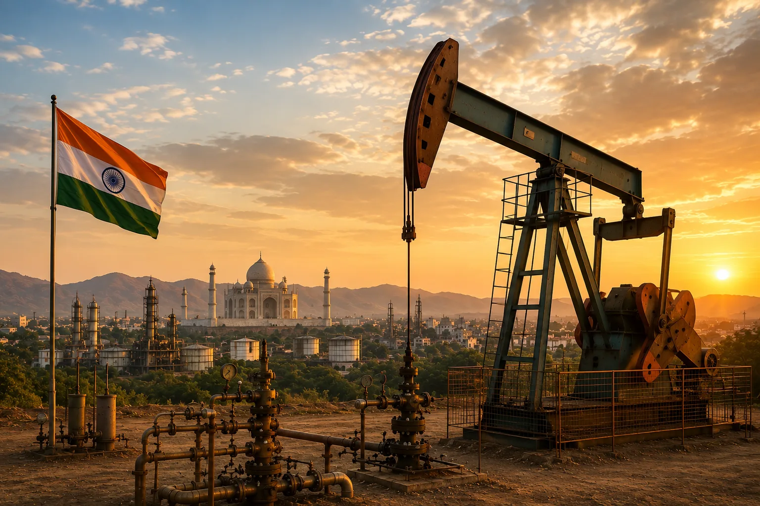 Producción petrolera en India mediante operaciones en un campo maduro con equipos de extracción, infraestructura upstream y tecnologías de recuperación mejorada.