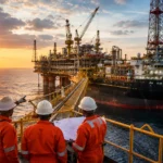 Proyectos offshore en Nigeria con plataforma petrolera, buque de apoyo e ingenieros supervisando operaciones para fortalecer el desarrollo energético del país.