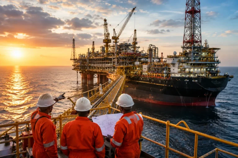Proyectos offshore en Nigeria con plataforma petrolera, buque de apoyo e ingenieros supervisando operaciones para fortalecer el desarrollo energético del país.