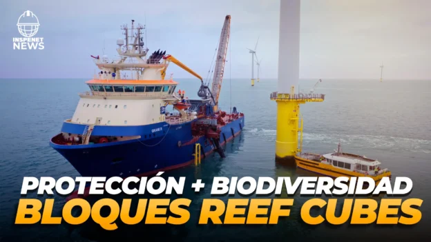 Buque de apoyo marítimo junto a una turbina eólica marina durante la instalación de bloques Reef Cubes en el parque eólico Rampion, con otras turbinas visibles al fondo en el mar.