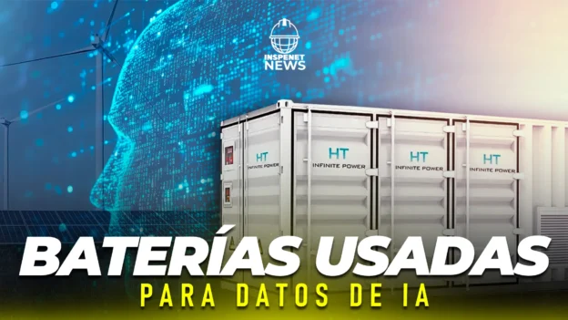 Contenedores de almacenamiento de energía con baterías reutilizadas frente a un fondo digital con perfil humano y turbinas eólicas, simbolizando la conexión entre IA, energías renovables y almacenamiento con baterías EV.