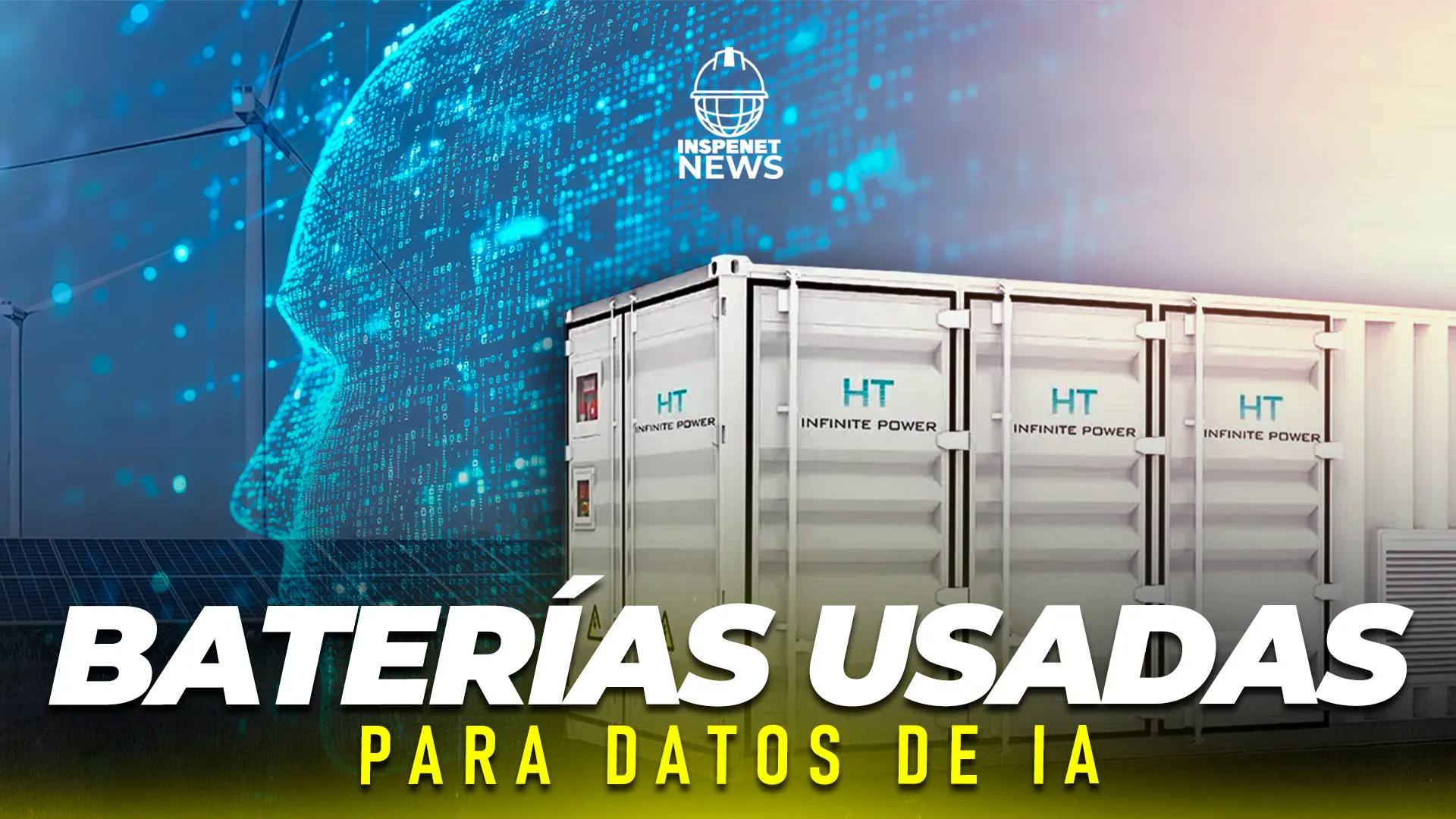 Contenedores de almacenamiento de energía con baterías reutilizadas frente a un fondo digital con perfil humano y turbinas eólicas, simbolizando la conexión entre IA, energías renovables y almacenamiento con baterías EV.