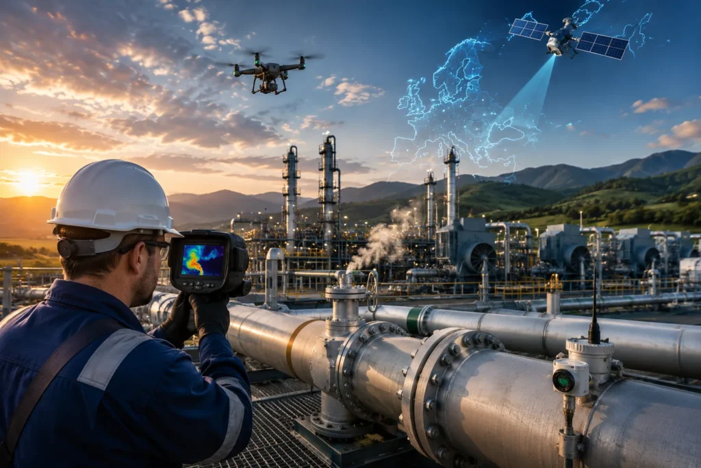 Regulación del metano mediante inspección de emisiones en una estación de compresión de gas natural con cámara OGI, sensores inteligentes y monitoreo industrial avanzado.