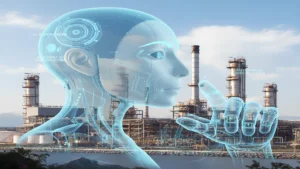 Ilustración visual de la integración de IA en EPCC, con inteligencia artificial supervisando la ingeniería, la construcción y la ejecución de proyectos basados en datos en una planta industrial.