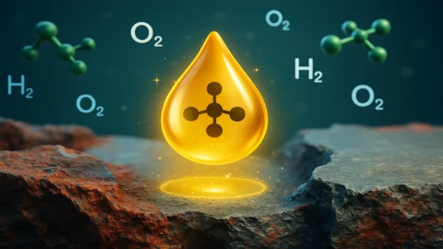 Representación conceptual de una gota dorada con símbolo molecular flotando entre formaciones rocosas, rodeada de moléculas de hidrógeno (H2), oxígeno (O2) y compuestos químicos.
