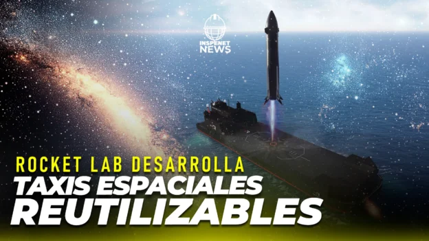 Representación conceptual de un cohete reutilizable despegando desde una plataforma marítima en el océano bajo un cielo estrellado.