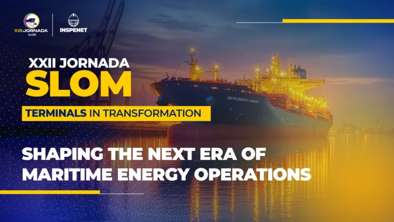 SLOM 2026 promotional banner featuring a tanker docked at a maritime terminal at sunset, highlighting the slogan "Terminals in Transformation" and the focus on the evolution of maritime energy operations.