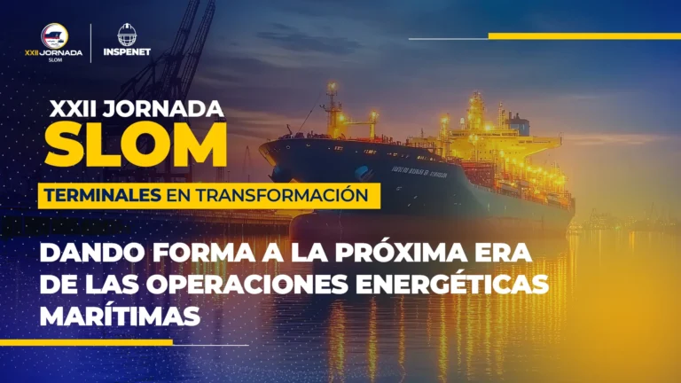 Banner promocional de SLOM 2026 con un buque tanque atracado en una terminal marítima al atardecer, destacando el lema "Terminales en transformación" y el enfoque en la evolución de las operaciones energéticas marítimas.