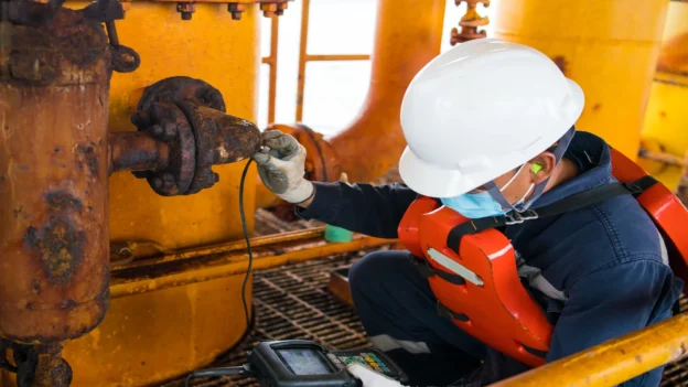 Inspector técnico realiza medición con equipo ultrasónico sobre una tubería corroída en una plataforma offshore, como parte de prácticas de control de corrosión.