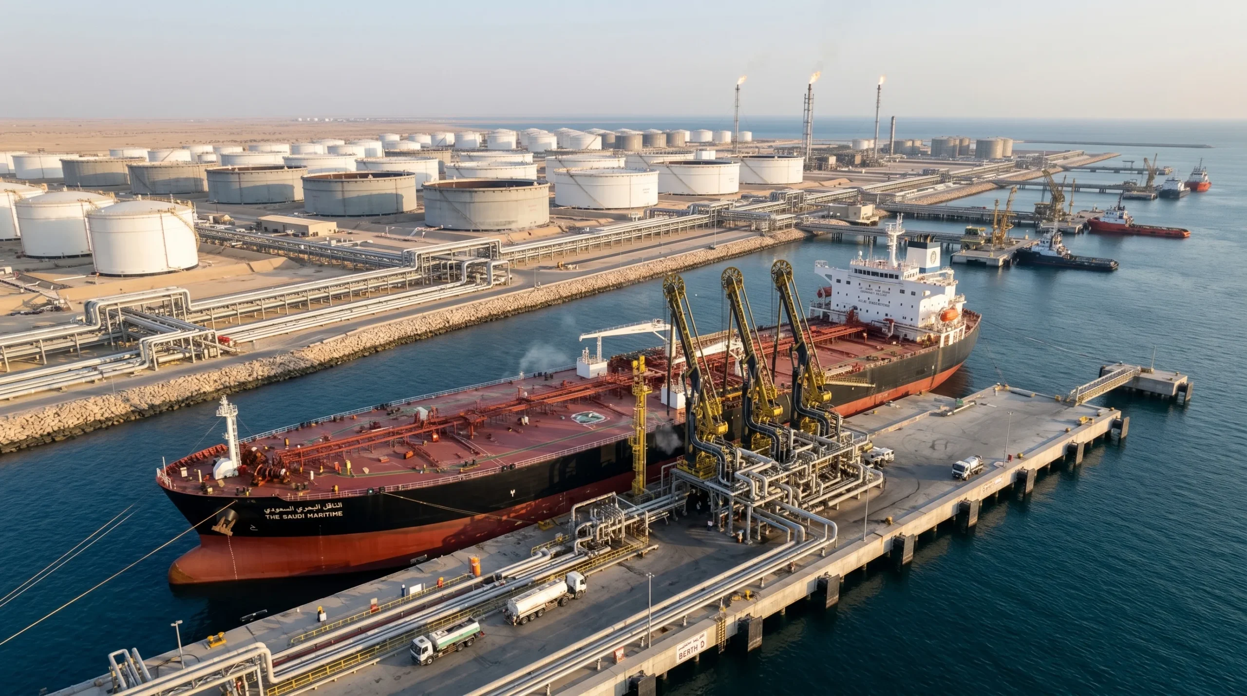 Saudi Aramco China reduce exportaciones de petróleo mientras un VLCC carga crudo en una terminal energética saudí