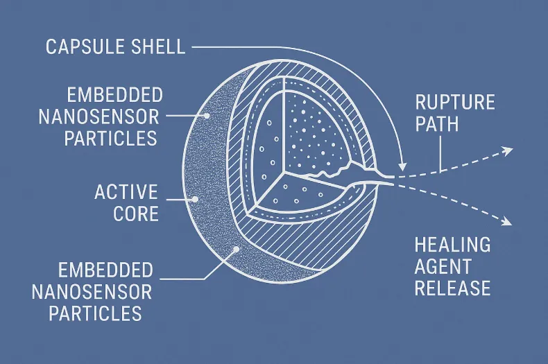 Schematic of a multifunctional coating combining corrosion inhibitor and corrosion nano-sensor within a coating matrix.